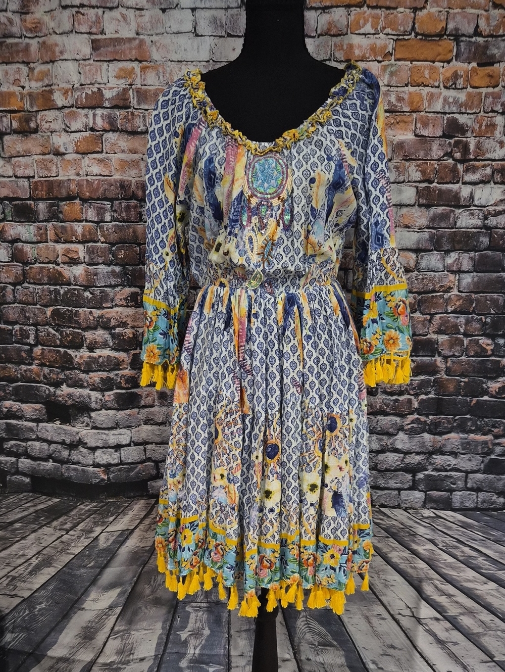 Antica Sortoria Embroidered Floral Long-Sleeve Tassel Dress in Blue and Yellow